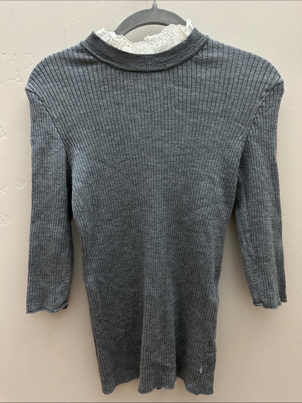 Maje Gray Ribbed Sweater with Lace Trim